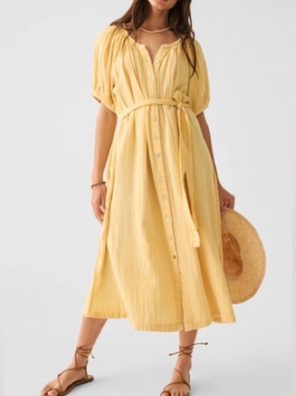 Faherty Organic Cotton Yellow Button-Front Belted Midi Dress - Size S NWT